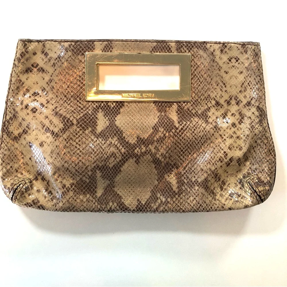 Michael Kors Python Snakeskin Embossed Genuine Leather Berkeley Clutch Bag Purse